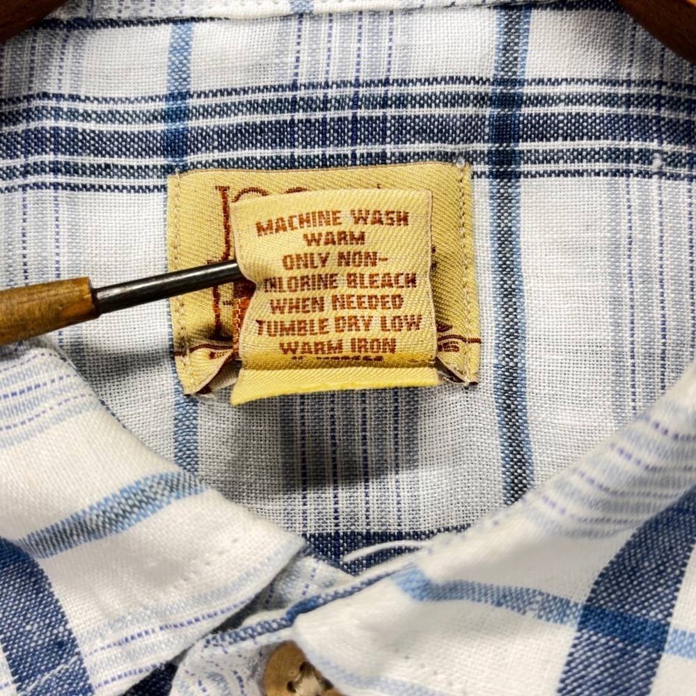 Jos A Bank Shirt Mens L Blue White Plaid Short Sleeve 100%‎ Linen Button Front - Picture 5 of 10